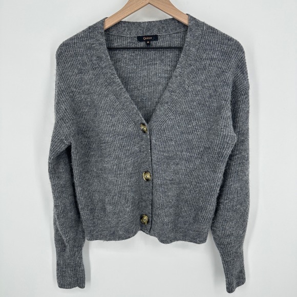 Quince Sweaters - Quince Cardigan Medium Charcoal Baby Alpaca Wool Cropped Ribbed V-Neck Knit